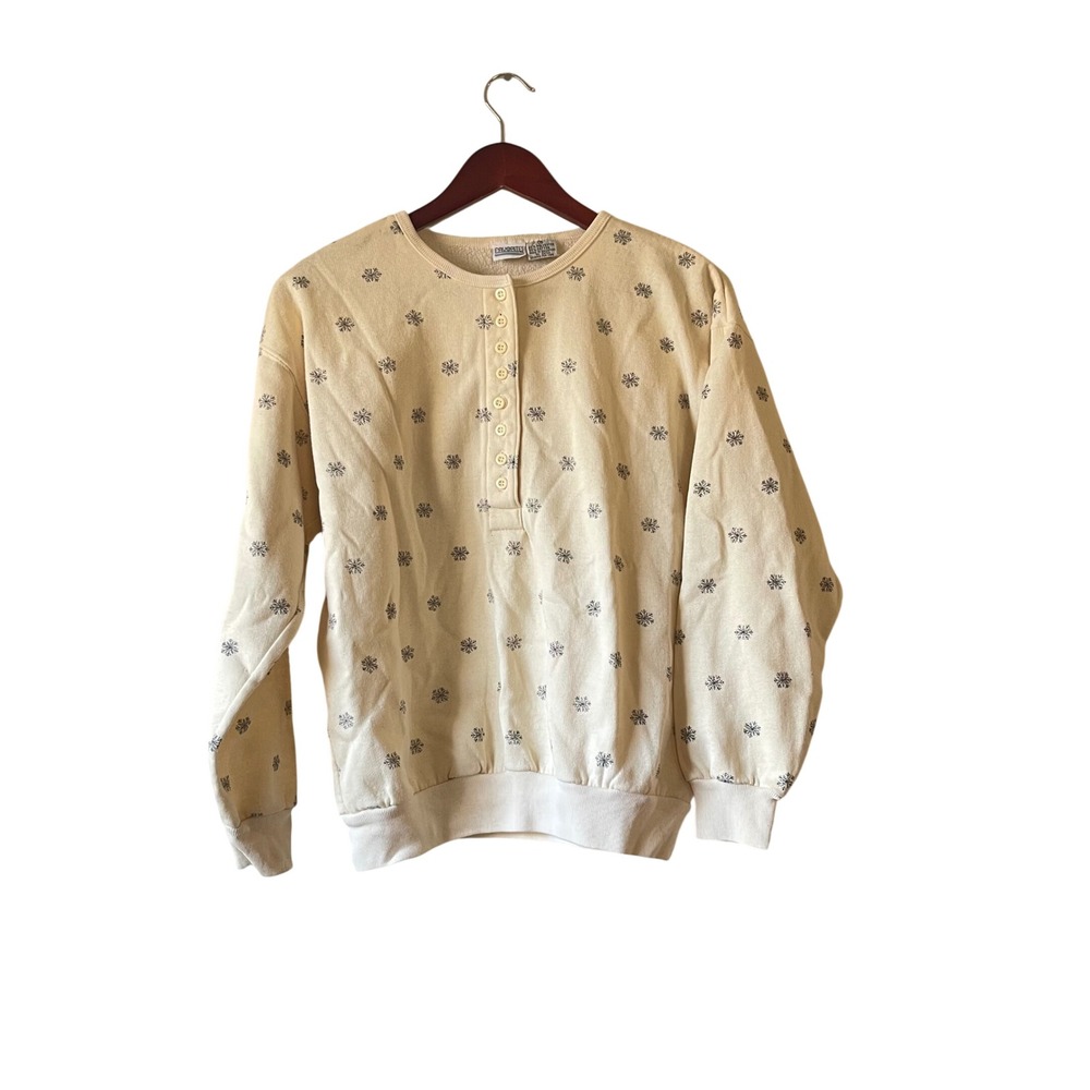 Vintage snowflake Print Henley Sweatshirt Women's‎ Size M Cream Long Sleeve
